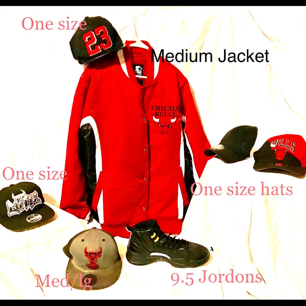 Chicago bulls starter jacket Jordon shoes and hats